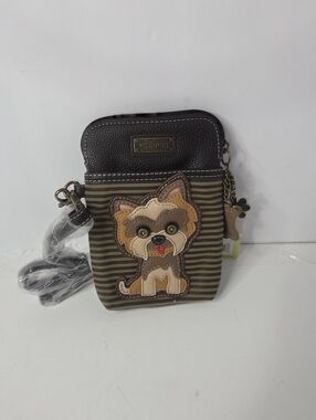 Chala Brown Leatherette yorkshire terrier cellphone Crossbody w/Bone Charm NWt